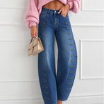 Women's Barrel Jeans High Waisted Side Button Denim Pants Distressed Washed Baggy Trousers Retro Y2K Streetwear