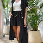 2 Pieces Outfit Turn-down Collar Roll Up Sleeve Button Front Side Slit Mid-length Shirt and Drawstring Elastic Waist Shorts Set Casual Textured Vacation Set