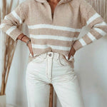 Women's Half Zip Striped Sweater Colorblock Turn-down Collar Knit Pullover Drop Shoulder Loose Fit Top