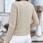 Women's French Style Cropped Jacket Round Neck Gold Button Coat Argyle Cable Jacquard Knit Outerwear