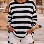 Women's Striped T Shirt Long Sleeve Drop Shoulder Crewneck Tee Side Slit Casual Loose Fit Top
