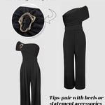 CHICME Women's One Shoulder Gold Buckle Jumpsuit Ruched Waist Wide Leg Romper