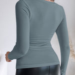 Built In Bra U Neck Tee High Stretchy Knit T-Shirt Long Sleeve Top