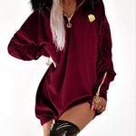 Velvet Fuzzy Trim Hooded Mini Dress Long Sleeve Zipper Design Sweatshirt Pullover Casual Dress