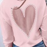 Pearls Decor Sheer Heart Pattern Mesh Spliced Tee Casual Drop Shoulder Long Sleeve Top