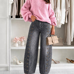 Women's Barrel Jeans High Waisted Side Button Denim Pants Distressed Washed Baggy Trousers Retro Y2K Streetwear