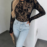 Women's Mesh Flocked Floral Top Lined Sheer Long Sleeve Tee Crewneck Slim Fit Layering Under Base Top with Thumbholes