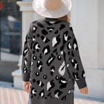 Women's Leopard Pattern Open Front Mid-length Knit Cardigan Sweater Coat