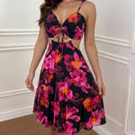 Women's Vintage Floral Print Mini Dress Sexy Sweetheart Neck Cut Out Sundress Backless Ruched A-Line Vacation Dress