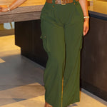 Women's Pockets Design Cargo Pants Casual High Waisted Trousers with Contrast Belt
