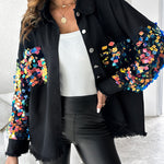 Contrast Sequin Long Sleeve Jacket Top Button Front Raw Hem Loose Fit Shacket