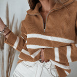 Women's Half Zip Striped Sweater Colorblock Turn-down Collar Knit Pullover Drop Shoulder Loose Fit Top