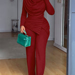 Cowl Neck Asymmetrical Textured Patchwork Cinched Waist Jumpsuit Casual Zipper Back Wide Leg Jumpsuit