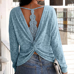 Women's Long Sleeve Knit Top Backless Twist Lace Panel Casual Tee