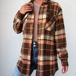 Women's Plaid Long Sleeve Button Down Brushed Shacket Casual Turn-down Collar Coat
