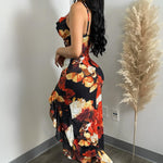 Women's Floral Print Mesh Dress Ruffle Hem High Slit Mermaid Cami Dress Sexy Sleeveless Bodycon Party Dress
