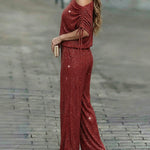 Women's Two-Piece Rhinestone Lounge Suit Skew Neck Top and Wide-Leg Pant Set Elegant Commuter Outfit with Pockets