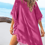 Women's Front & Back Reversible Beach Cover Up Crochet Lace Hollow Out Spliced Tassel Vacation Caftan Dress