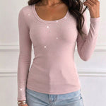 Women's Rhinestone Embellished Ribbed Long Sleeve Layering Top Slim Fit U-Neck Knit Tee Elegant Stretchy Pullover