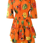 Women's Stretchy Off Shoulder Vacation Dress Tropical Fruit Floral Shirred Waist Ruffle Hem A Line Dress