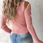 Rhinestone Ruched Cold Shoulder Knit Sweater