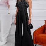 Rhinestone Decor Multi Spaghetti Straps Ruched Overalls Casual Zipper Back Wide Leg Jumpsuit