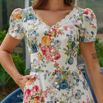 Floral Print V Neck Puff Sleeve Maxi Dress A-Line Flowy Casual Dress With Pockets