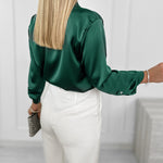 Women's Satin Tie Neck Blouse Elegant Roll Up Long Sleeve Shirt Work Blouse