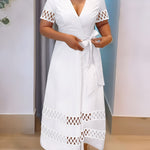 Overlap Deep V-Neck Hollow-out Spliced High Waist Maxi Dress Casual Zipper Back Tie Waist Vacation Dress