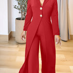 Notched Collar Long Sleeve Button Front Jumpsuit Casual Cinched Waist Wide Leg Faux Two Piece Jumpsuit