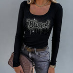 Women's Square Neck Ribbed Knit Top Long Sleeve Rhinestone Letter Slim Fit Tee Sparkly Party Top