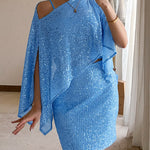Women's 3 Piece Sequin Set Asymmetrical Poncho Top and High Waist Bodycon Skirt with Crop Cami Top