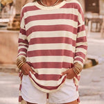 Women's Striped T Shirt Long Sleeve Drop Shoulder Crewneck Tee Side Slit Casual Loose Fit Top