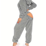 3D Ear Buttoned Flap Functional Fluffy Lounge Jumpsuit