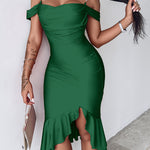 Women's Cold Shoulder Adjustable Pearls Straps Bodycon Dress Cowl Neck Asymmetrical Ruffle Hem Party Dress