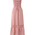 Women's Strapless Shirred Maxi Dress Lace Splice Tied Detail Frill Trim Sundress with Detachable Clear Straps