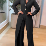 Notched Collar Long Sleeve Button Front Jumpsuit Casual Cinched Waist Wide Leg Faux Two Piece Jumpsuit