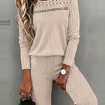 Women's Ribbed Knit Brushed Set Lace Patchwork Long Sleeve Top and Wide Leg Pants 2 Piece Lounge Set with Pockets