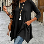 Women's Ribbed Asymmetrical Hem Top Crewneck Three Quarters Sleeve A-Line Casual Top