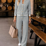 Women's 2 Piece Cable Knit Tracksuit Baseball Collar Crop Coat and High Waist Pants Set
