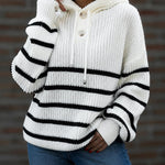 Women's Striped Henley Drawstring Hooded Sweater Loose Fit Lantern Sleeve Knit Pullover