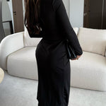Long Sleeve Ruched Waist Metal Button Decor Bodycon Dress Casual Slit Slim Fit Midi Dress