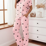Valentine's Day 2 Pieces Outfit Round Neck Short Sleeve Top and Elastic Waist Pants Set Casual Heart Print Loose Fit Pajamas Set