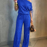 Women's Two-Piece Rhinestone Lounge Suit Skew Neck Top and Wide-Leg Pant Set Elegant Commuter Outfit with Pockets