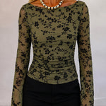 Women's Vintage Flocked Floral Mesh Top Boat Neck Ruched Flare Long Sleeve Tee