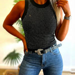 Rhinestone Decor O-neck Sleeveless Knit Tee Slim Fit Tank Top