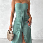 Sleeveless Ruched Cinched Waist Draped Bandeau Dress Eyelet Embroidery Slit Asymmetrical Hem Vacation Dress