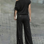 Women's Two-Piece Rhinestone Lounge Suit Skew Neck Top and Wide-Leg Pant Set Elegant Commuter Outfit with Pockets
