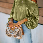 Women's Satin Jacquard Skew Neck Top Loose Vintage Lantern Sleeve Blouse