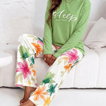 Women's 2 Piece Pajama Set Letter Long Sleeve Top and Floral Straight Leg Pants Casual Loungewear